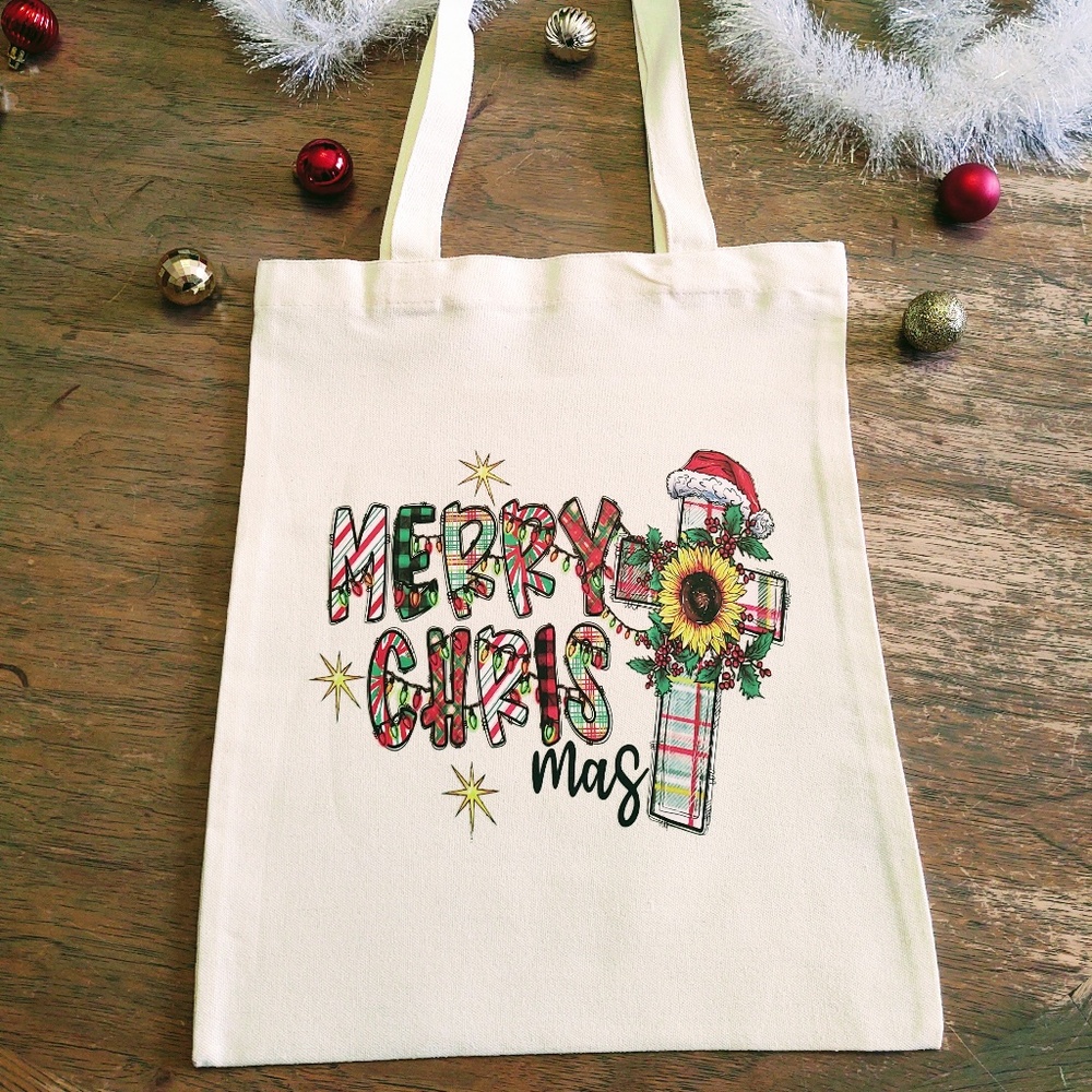 NEW CANVAS TOTE BAG, GROCERY BAG, PLAID MERRY CHRISTMAS FAITH CROSS 12" X 14"